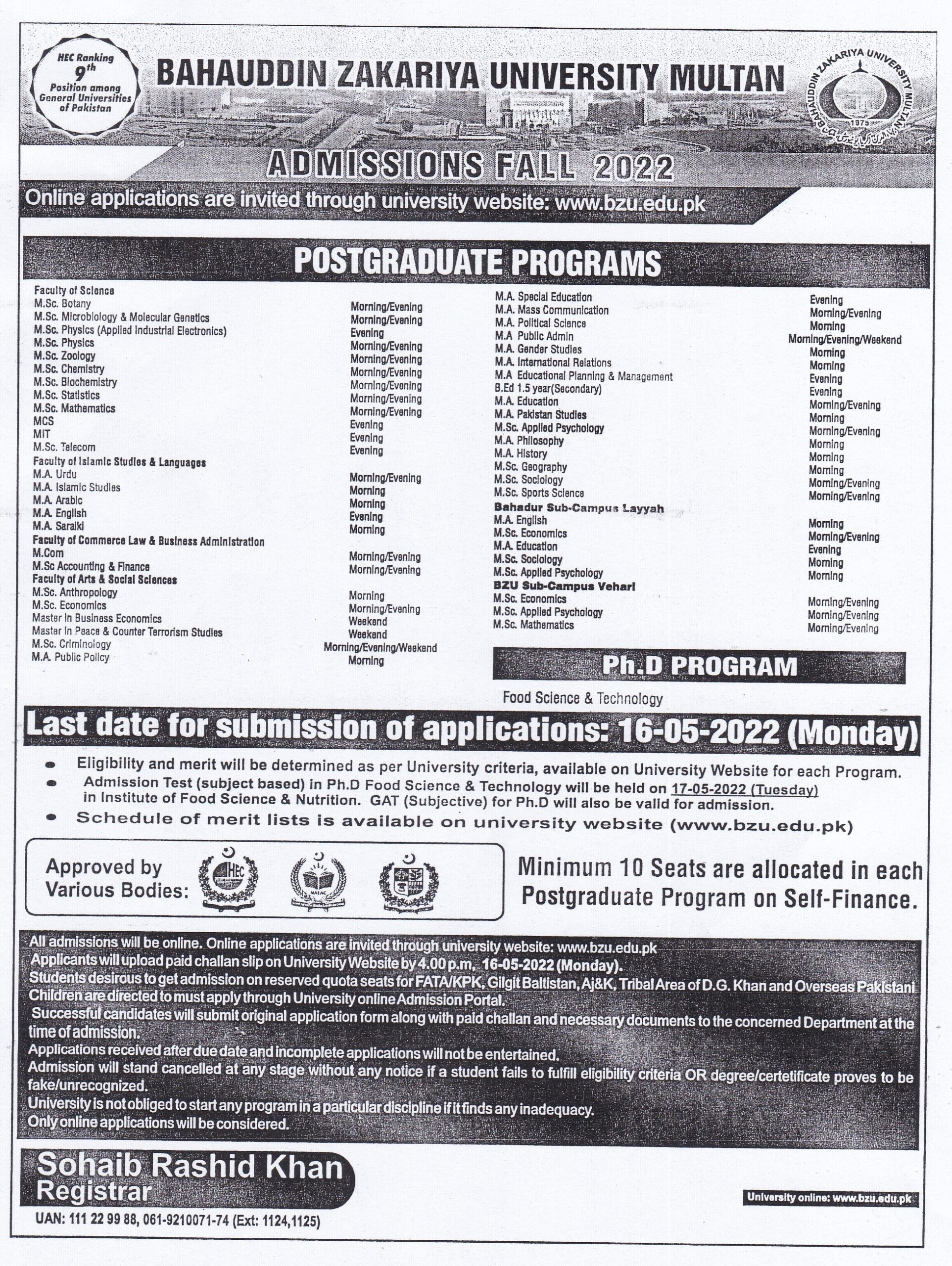 BZU Multan MA MSc Admissions Fall 2022 - Admissions Corner