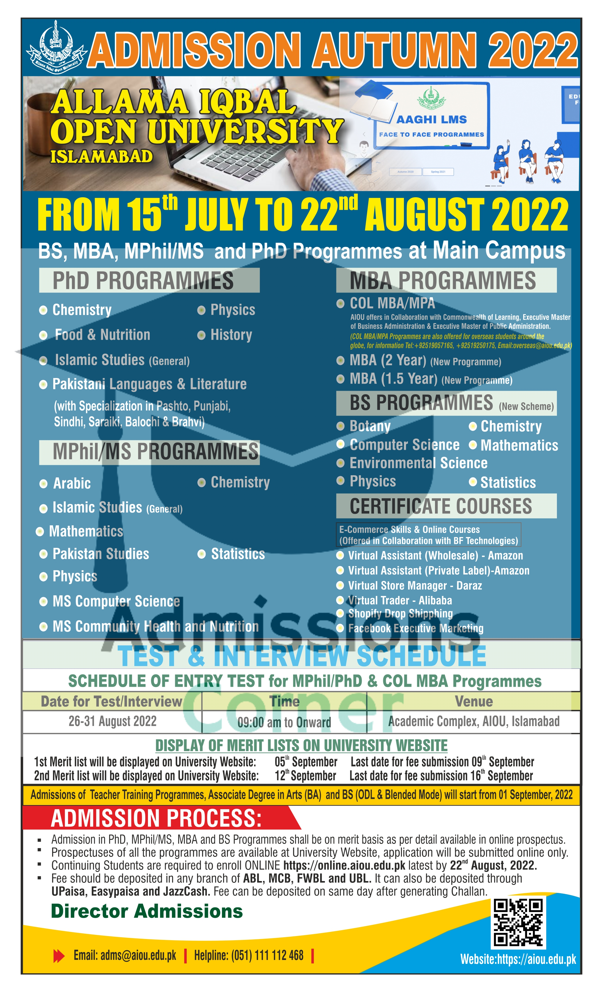 Allama Iqbal Open University Admissions Autumn 2022