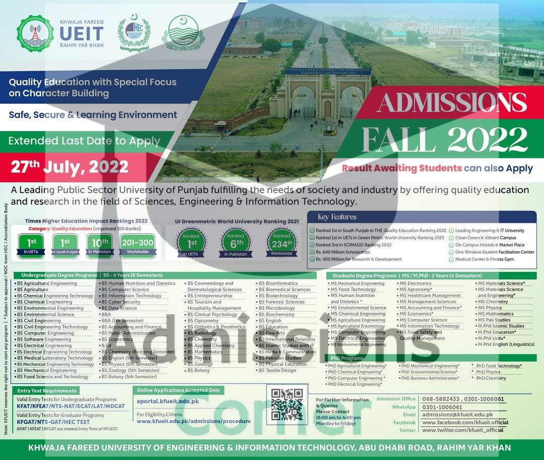 Khawaja Fareed KFUEIT Rahim Yar Khan Admissions Fall 2022