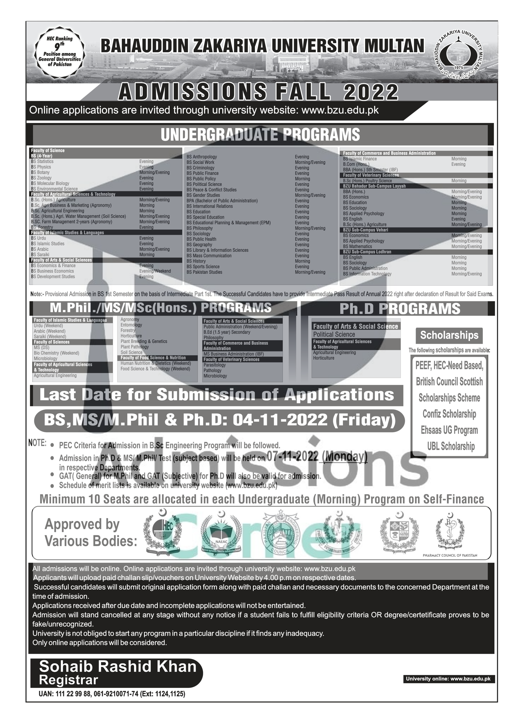 Bahauddin Zakariya University BZU Multan Admissions Fall 2022 ...