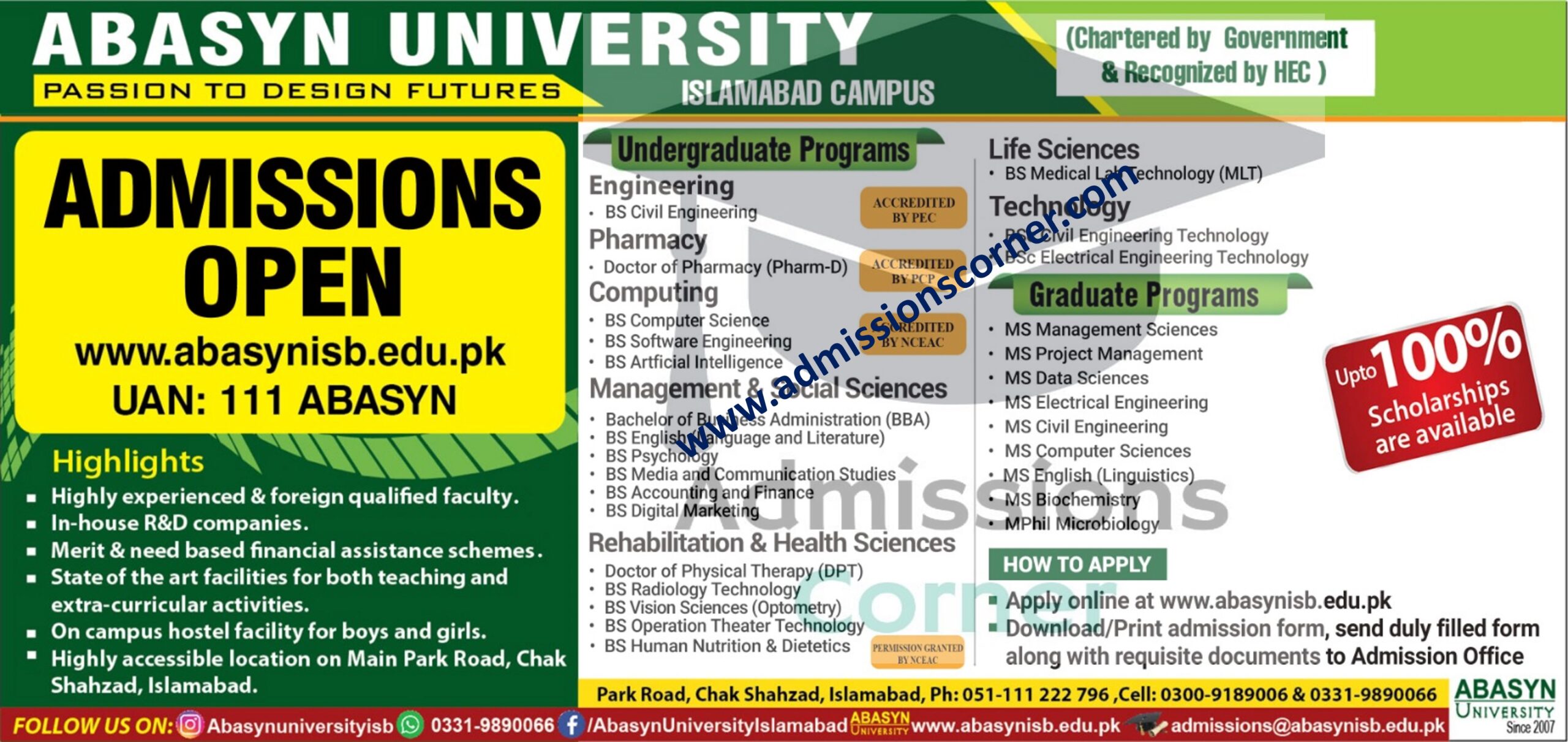 Abasyn University Islamabad Admissions Fall 2023