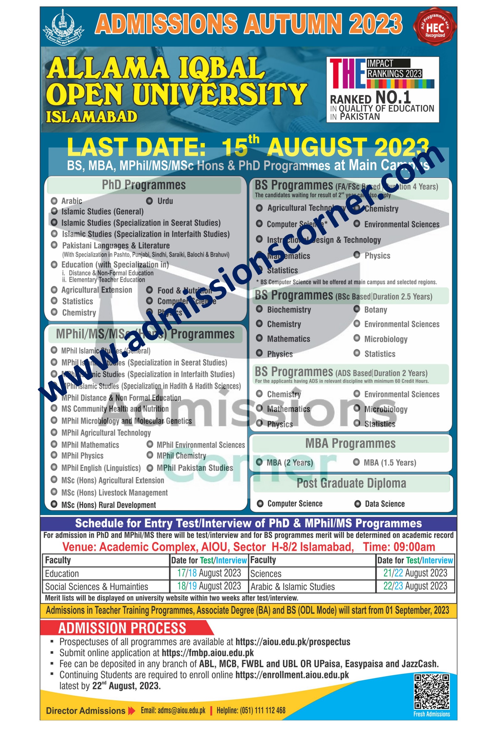 Allama Iqbal Open University AIOU Regular Admissions Fall 2023